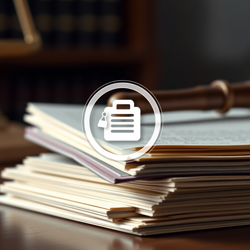 A photorealistic image of a stack of legal documents, with a digital product icon subtly overlaid. The lighting should be professional and serious, creating a sense of importance. The color palette should be muted and conservative, using shades of brown, gray, and beige. The camera angle should be a close-up, capturing the details of the documents. 4K resolution, high quality.