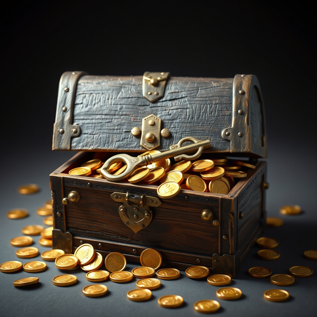A photorealistic image of a treasure chest overflowing with gold coins, with a single key lying on top. The chest should be intricately designed and weathered, suggesting age and value. The gold coins should be sparkling and inviting. The lighting should be dramatic, highlighting the treasure and the key. Style: Classic treasure hunt with a modern twist.