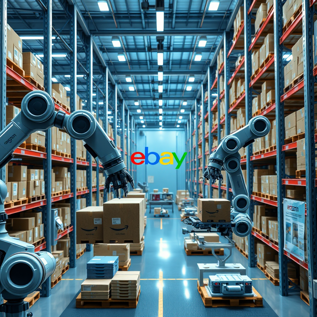 A photorealistic image of a virtual warehouse, with products flowing seamlessly between Amazon and eBay platforms. The warehouse should be clean and organized, with robotic arms handling the products. Lighting should be bright and efficient, highlighting the automated processes. The color palette should be modern and technological, with blues and grays dominating. Camera angle should be slightly high, offering a clear view of the warehouse. Texture details should emphasize the smooth, metallic surfaces of the robots and the organized layout of the warehouse. The environment should be a futuristic logistics center. Style: Automated, efficient, illustrating inventory management. 4K resolution, high quality.