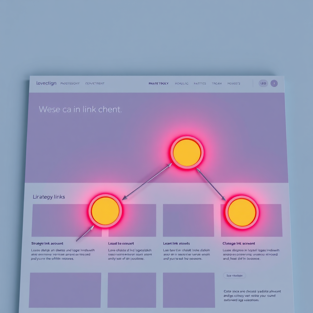 A photorealistic image of a website layout. Highlight specific areas of the webpage with glowing circles to indicate strategic link placements. Subtle arrows should visually lead the eye to these highlighted areas. The overall color palette should be professional and clean, with a focus on usability. The lighting should be soft and even. The camera angle should be a standard eye-level shot. Style reference: Modern web design, user experience (UX) focused. Technical specs: 4K resolution, high quality rendering.