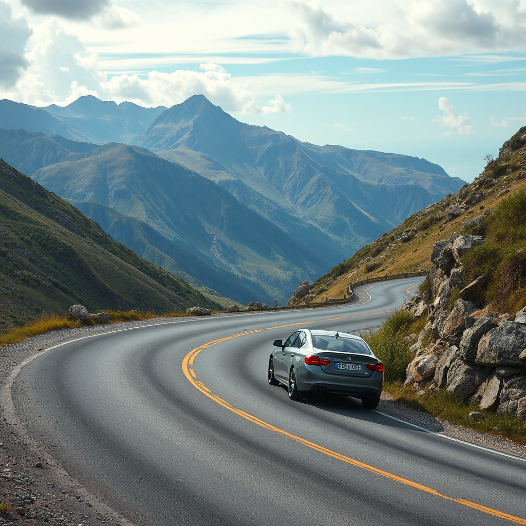 A photorealistic image of a winding mountain road with a car confidently navigating a hairpin turn. The scenery is breathtaking, but the road is challenging. The image symbolizes overcoming obstacles. Style reference: adventure photography, scenic landscapes. Technical specs: 4K resolution, high quality.
