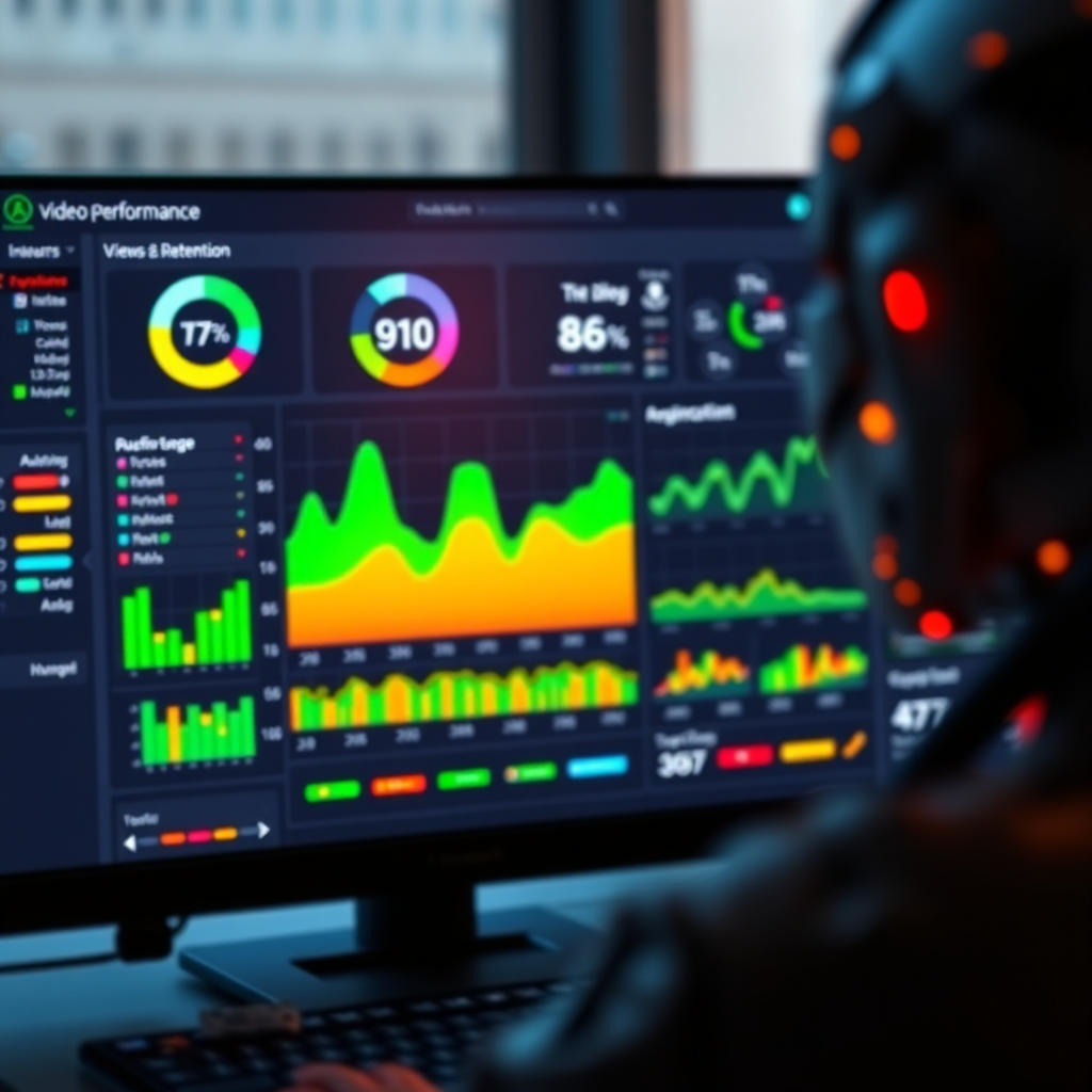 A photorealistic image of an AI tracking video performance metrics. Real-time data is displayed on a dashboard, visualizing views, engagement, and audience retention. The color palette is informative and actionable, using greens, yellows, and reds to represent different performance indicators. The composition is focused on the dashboard, with subtle visual cues indicating the key metrics being tracked.