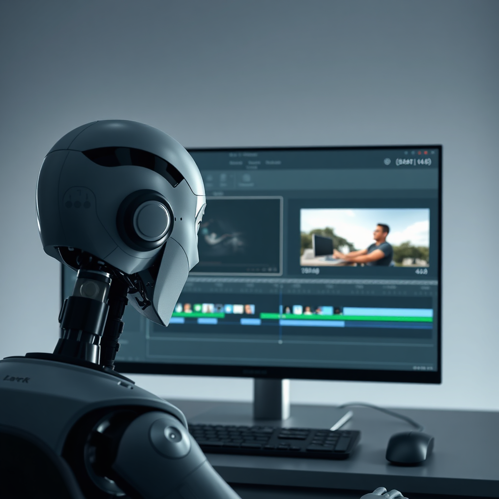 A photorealistic image of an AI editing a video. The interface is clean and intuitive, with various editing tools and effects displayed. The color palette is professional and refined, using grays, blues, and greens to convey precision and efficiency. The composition is focused on the AI interface, with subtle visual cues indicating the different editing processes.