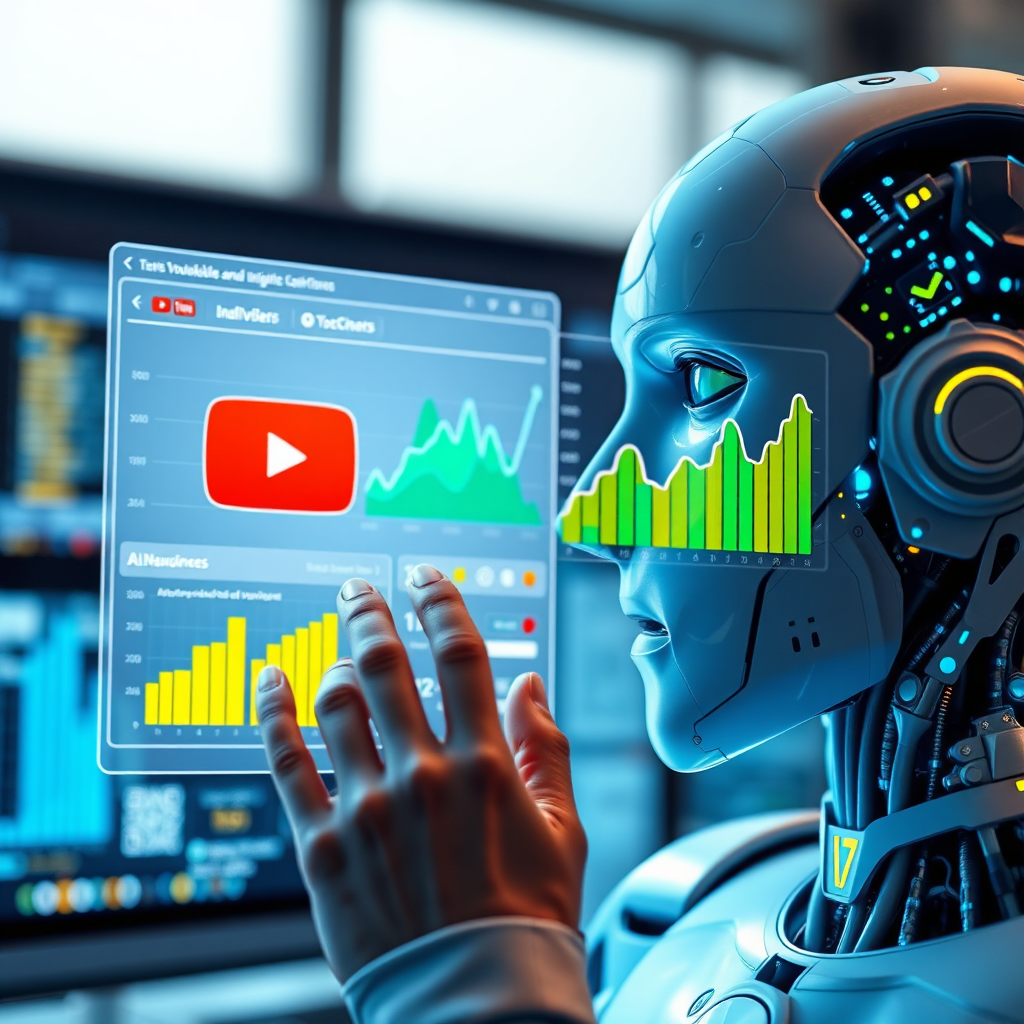 A photorealistic image of an AI analyzing YouTube data. Graphs and charts are displayed on a holographic screen, visualizing audience trends and content performance. The color palette is data-driven, using blues, greens, and yellows to represent different metrics. The composition is focused on the AI interface, with subtle visual cues indicating the strategic insights being generated.