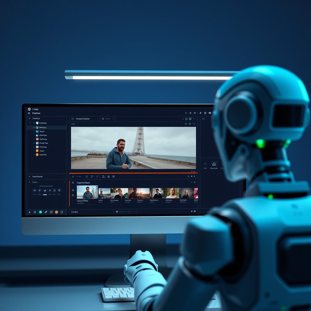 A photorealistic image of an AI creating a video. The AI interface is clean and intuitive, with various video production tools and effects displayed. The color palette is modern and professional, using blues, greens, and grays to convey technology and efficiency. The composition is focused on the AI interface, with subtle visual cues indicating the different stages of video creation.