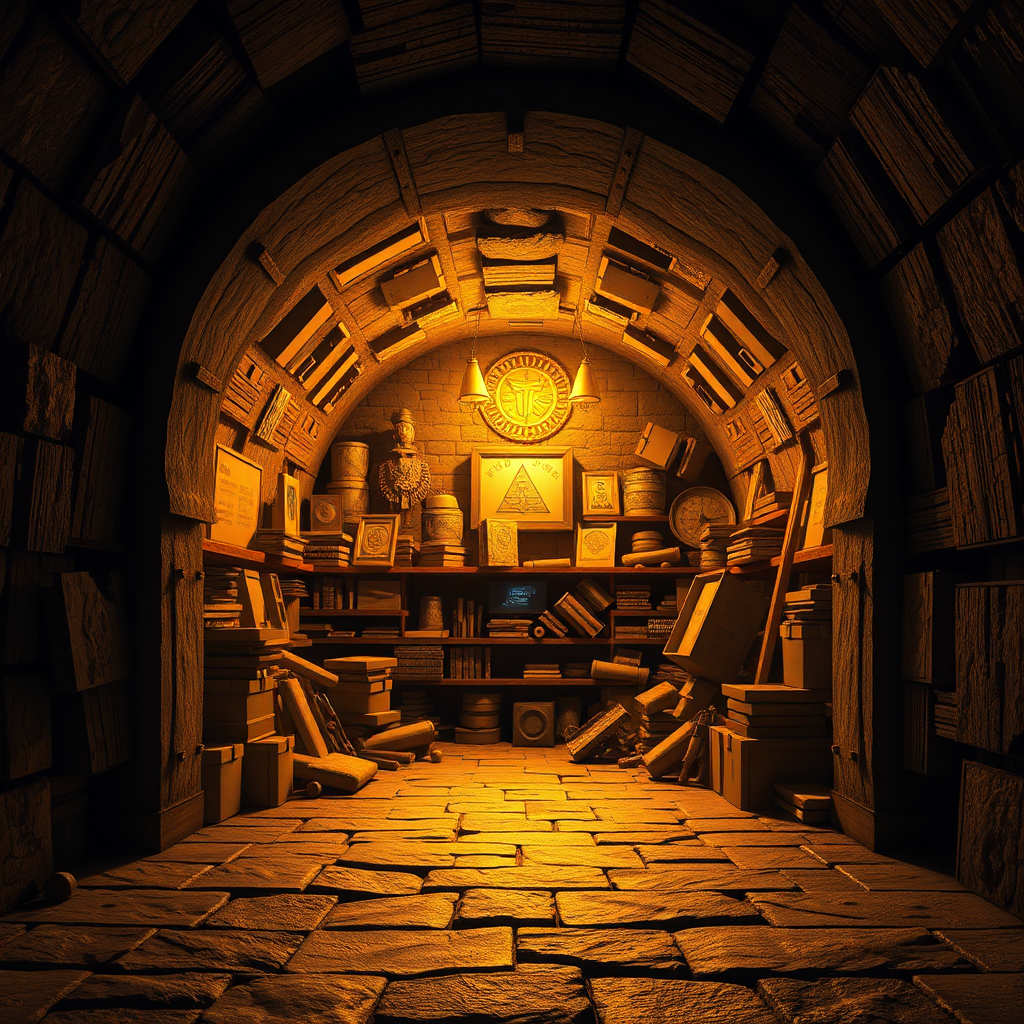 A photorealistic image of an open vault, overflowing with digital assets and AI-generated artwork. The vault is illuminated by a warm, golden light. Camera angle is wide angle, showing depth. Colors are golden and dark. 4K resolution, high quality.
