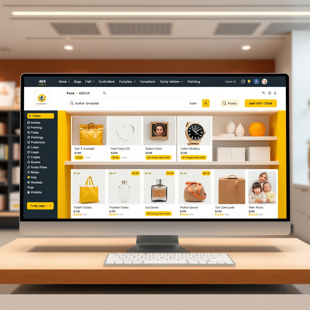 A photorealistic image of an online store interface, with AI algorithms optimizing product placement, pricing, and customer reviews. The interface is clean and user-friendly. The color palette is inviting and trustworthy, with accents of yellow and orange. 4K resolution, sharp details.