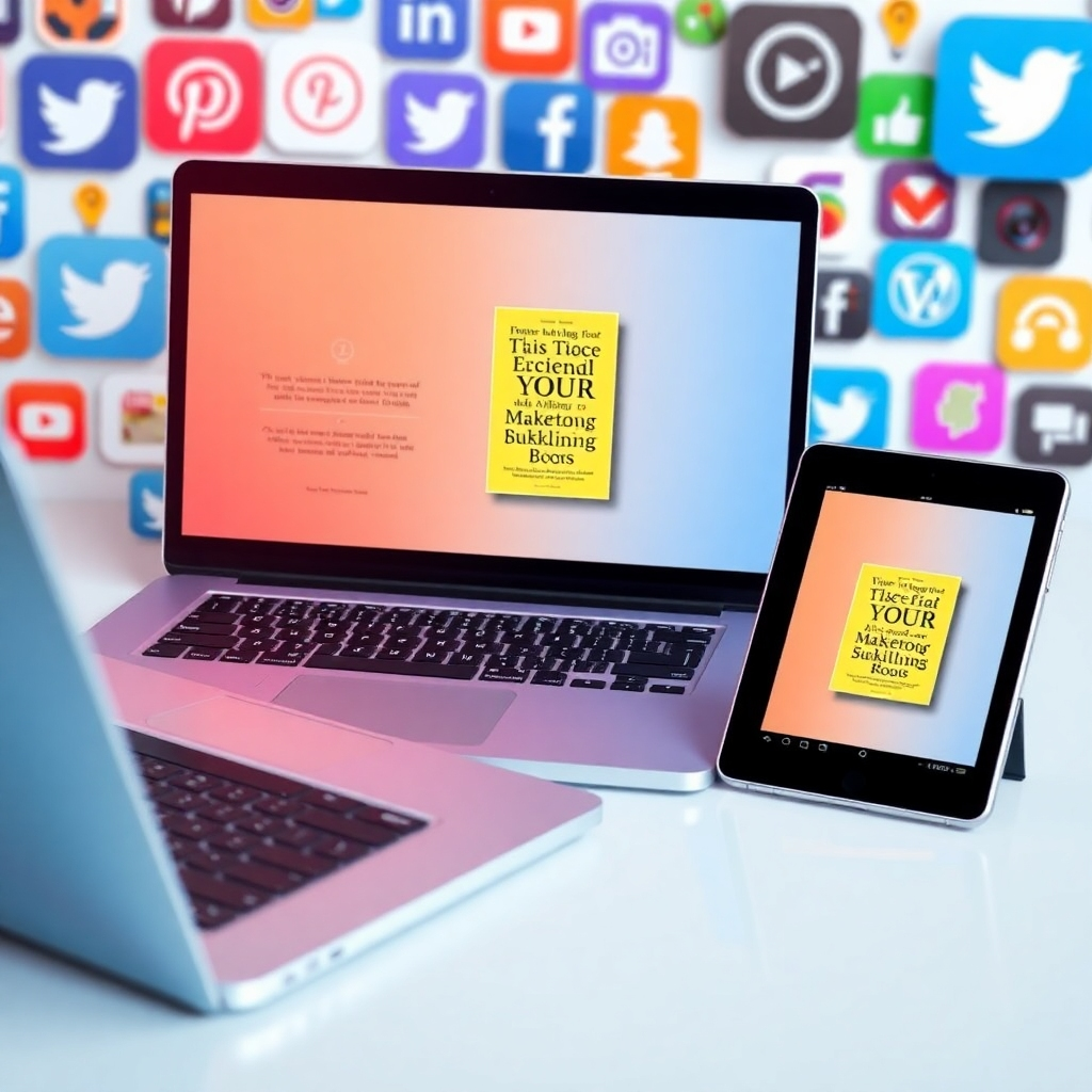 A photorealistic image of multiple devices (laptop, phone, tablet) showcasing a book advertisement on a variety of channels, reflecting the multi-faceted approach to marketing and sales. The background should represent a variety of social media platforms. The color palette should be vibrant and dynamic. The lighting conditions should be bright and energetic. The image should suggest a broad reach to potential customers.
