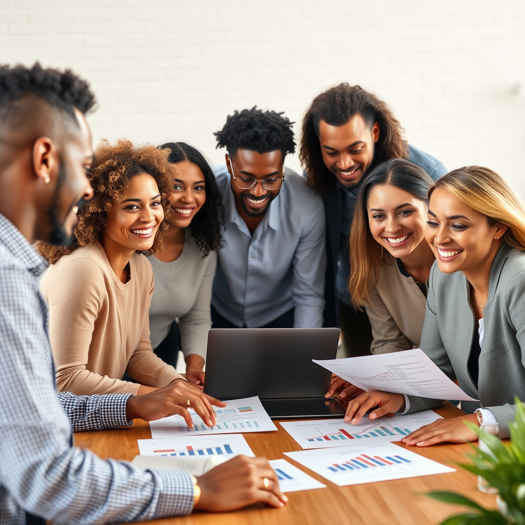 A photorealistic image showcasing a diverse group of people collaborating on financial planning, possibly around a table with laptops and financial charts. The scene should convey collaboration, trust, and empowerment. The lighting should be bright and natural, emanating positive energy. The color palette should be warm and inviting. Consider a slightly elevated camera angle to capture the entire group interaction. Focus on the texture details of the people's faces and the financial documents to convey authenticity. The environment should be a modern and welcoming co-working space. The image should inspire confidence and highlight the support and guidance we offer. Style reference: Collaborative, modern, and approachable. 4K resolution, high quality rendering.