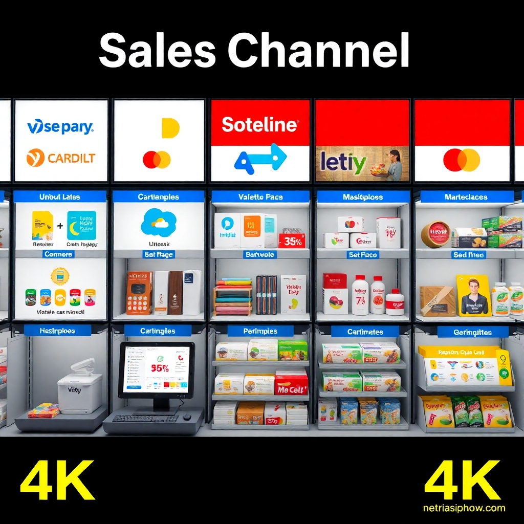 A photorealistic image showcasing different types of sales channels, from online marketplaces to physical stores. The image should be organized and visually appealing. High-quality image, 4K resolution. Style: A neatly organized display of options.