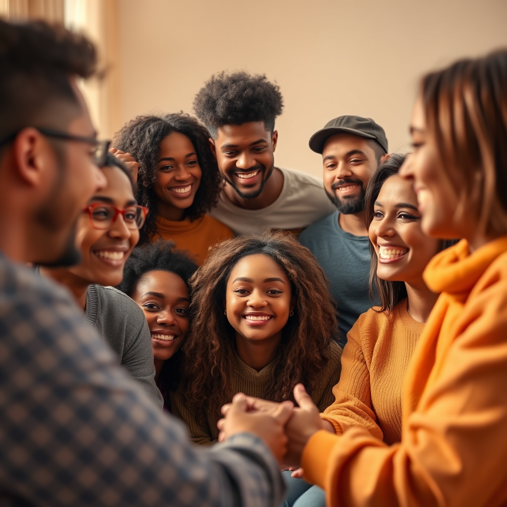 A photorealistic image showing a diverse group of people interacting and engaging with each other within a virtual TikTok community. The image should convey the sense of belonging and connection that is fostered through community building. The colors should be warm and inviting, creating a positive and welcoming atmosphere.