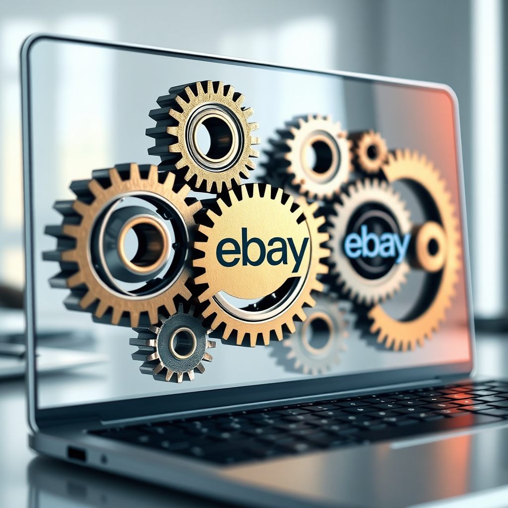 A photorealistic image showing a series of interconnected gears turning smoothly within a transparent laptop screen. The gears are subtly marked with the Amazon and eBay logos. Lighting should be soft and diffused, highlighting the intricate details of the gears. The color palette should be metallic, with hints of gold and silver. Camera angle should be close-up, focusing on the gears. Texture details should emphasize the smooth, polished surfaces of the gears. The environment should be a clean, modern workspace. Style: Professional, technological, illustrating seamless automation. 4K resolution, high quality.