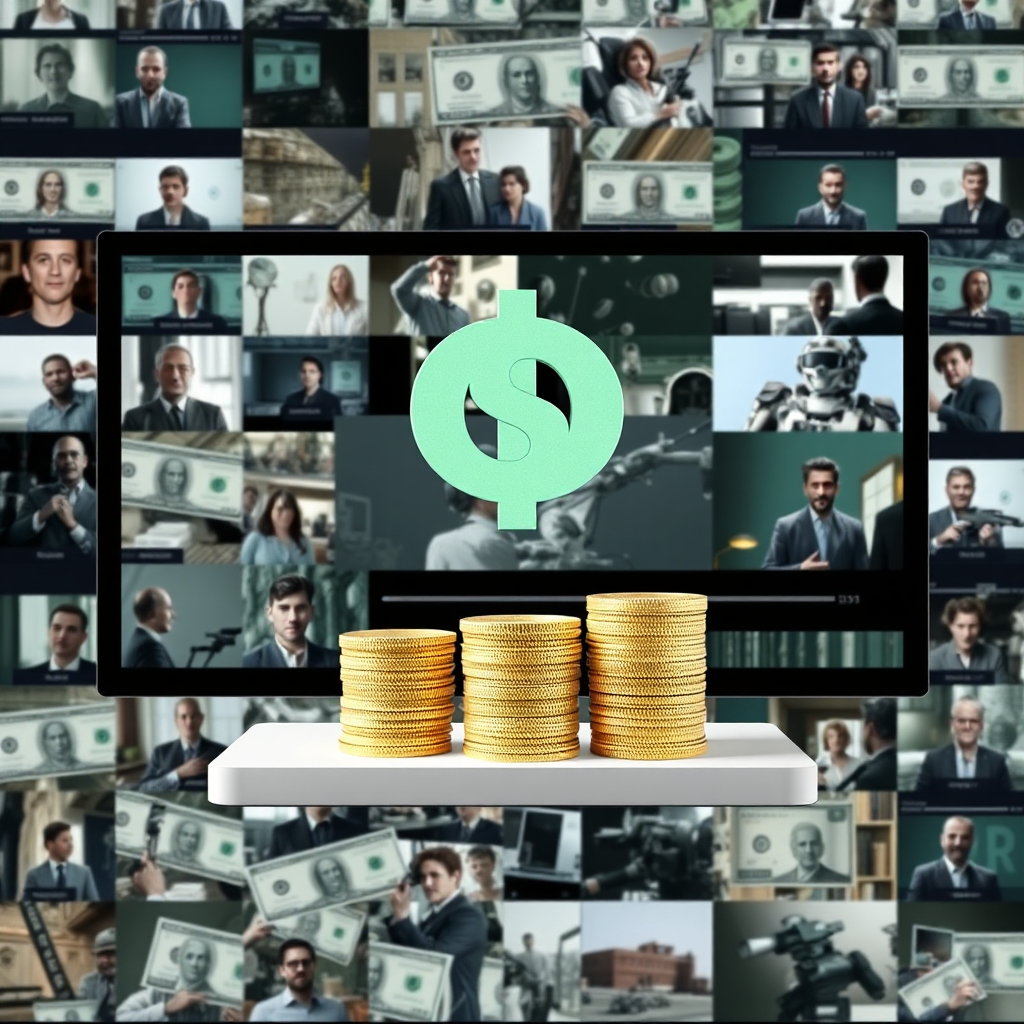 A photorealistic image showing money being saved through AI video creation. The background shows a montage of traditional video production costs being eliminated by AI automation. The color palette is financial and pragmatic, using greens, blues, and grays to represent cost savings and efficiency. The composition is clean and clear, highlighting the economic benefits of AI.