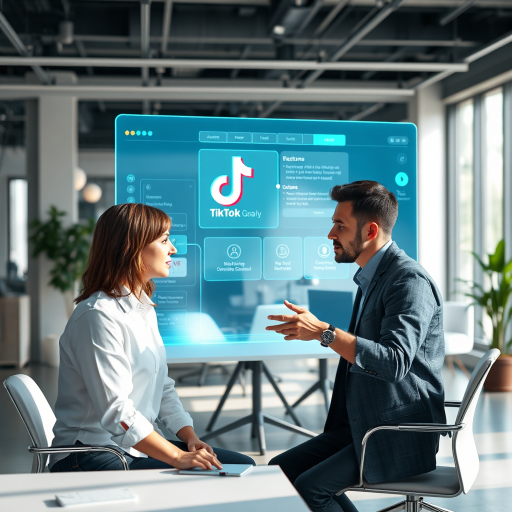 A photorealistic image showing a one-on-one coaching session between a mentor and a student, with a holographic TikTok interface displayed in the background. The mentor is guiding the student through the complexities of the platform. The environment is a modern office setting with plenty of natural light. The image should convey the personalized attention and expert guidance that is offered through the coaching sessions.