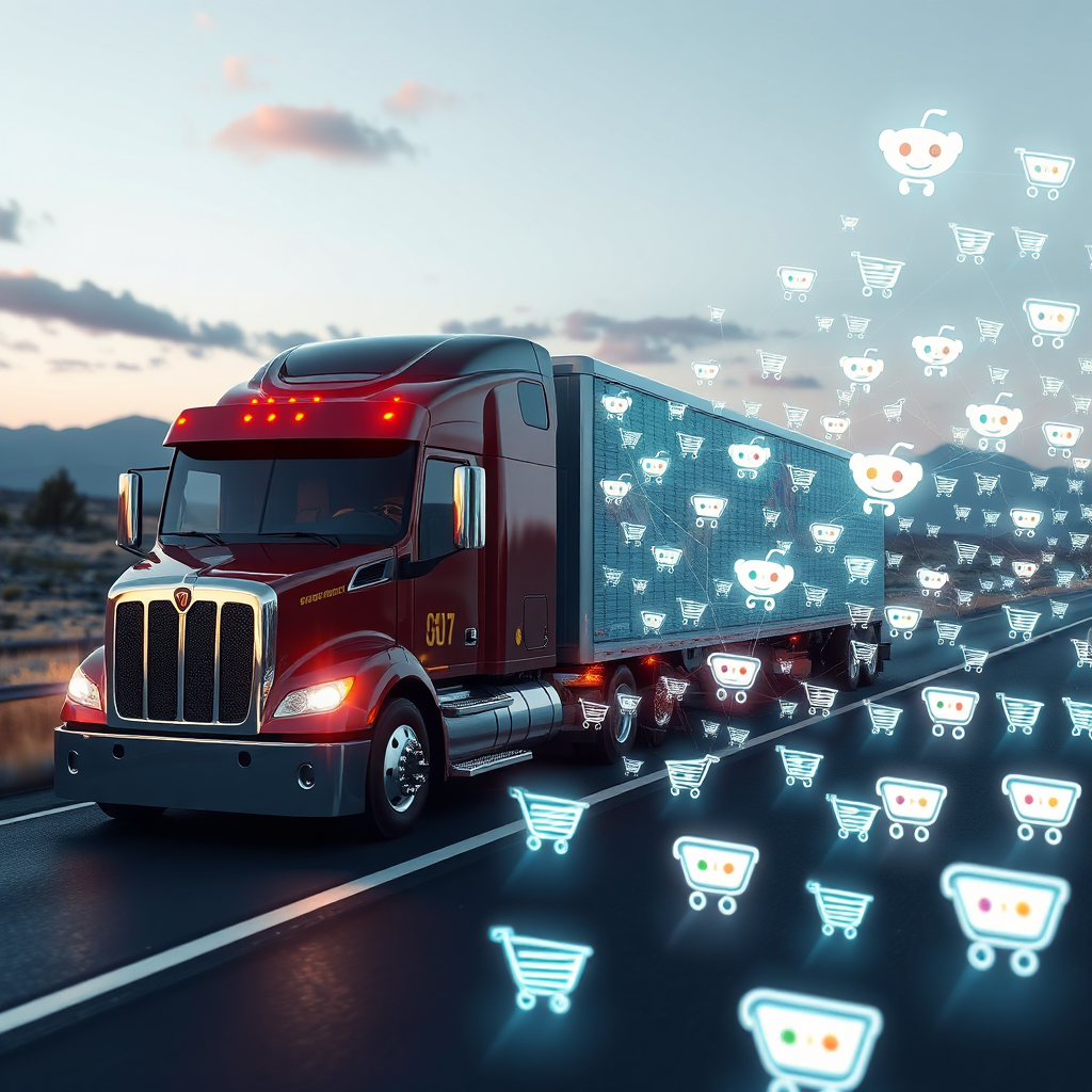 A photorealistic rendering of a semi-truck seamlessly merging into a digital landscape filled with conversion icons, like shopping carts and currency symbols. The transition should be smooth and visually appealing, representing the journey from Reddit engagement to real-world business outcomes. 4k resolution.
