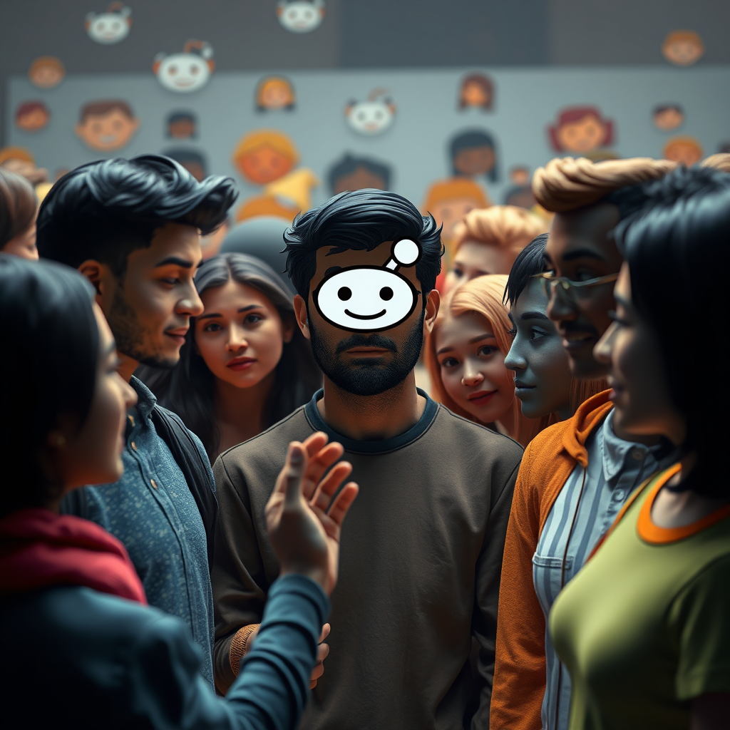 A photorealistic rendering of a person interacting with a group of diverse avatars within a digital Reddit community. The image should convey a sense of connection and engagement. 4k resolution.
