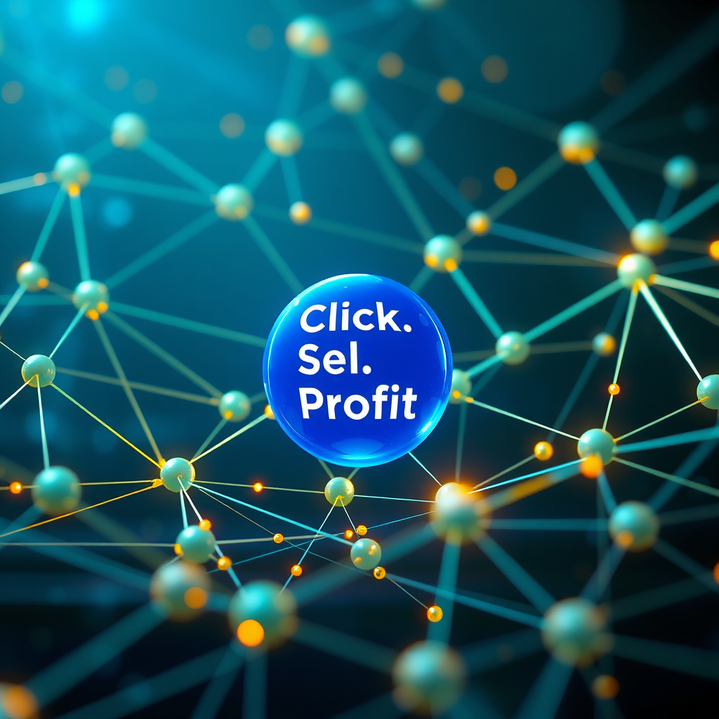 A photorealistic, ultra-high-quality image showcasing the power of strategic link selling. The scene should depict a network of interconnected nodes, each representing a website or platform, with bright lines of light flowing between them, symbolizing the flow of traffic and revenue. In the center, a glowing blue sphere represents 'Click. Sell. Profit', acting as the central hub. The overall color palette should be a blend of deep blues, vibrant greens, and hints of gold to convey trust, growth, and prosperity. The lighting should be dynamic, with soft glows and subtle shadows emphasizing the depth of the network. A slightly low camera angle would add a sense of scale and importance. Style references: Minimalist tech with a touch of abstract art. Technical specs: 8K resolution, hyperrealistic rendering with ray tracing for realistic lighting and reflections.