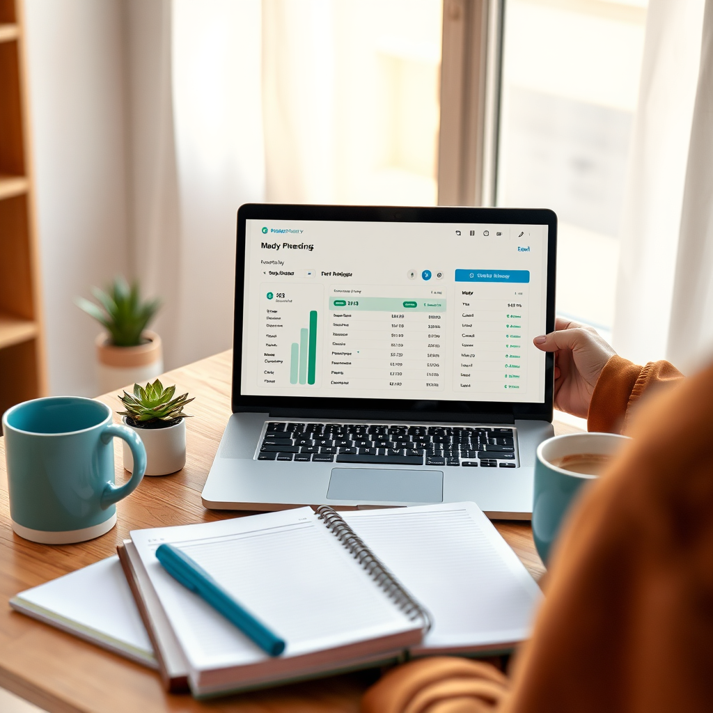 A photorealistic, ultra-high quality image depicting a person confidently managing their finances using modern technology. The composition should feature a laptop displaying a budgeting app, surrounded by visually appealing elements like a stylish planner, a coffee mug, and a small succulent plant. The lighting should be warm and inviting, creating a sense of empowerment and control. The color palette should be bright and optimistic, with pops of green and blue to represent growth and stability. Capture the scene from a slightly high angle, emphasizing the organized workspace. Texture details should be sharp, highlighting the sleekness of the laptop and the crispness of the planner. The environment should be a modern, minimalist home office. This image should evoke a feeling of financial wellness and accessibility, demonstrating how easy it can be to manage money effectively. Style reference: Clean, modern, and approachable. 8K resolution, hyperrealistic rendering.