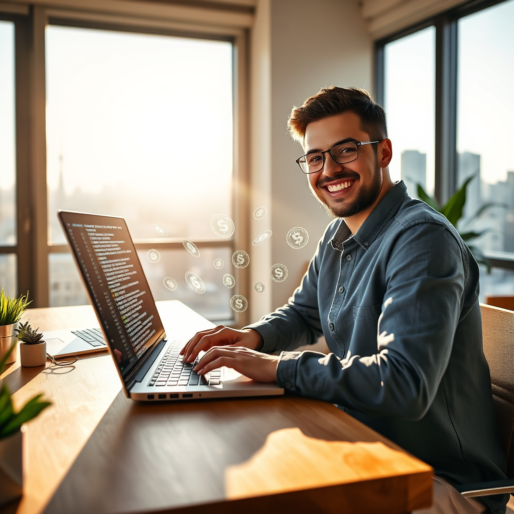 A photorealistic, ultra-high quality header image representing the concept of 'Launch Simple, Smart Online Businesses Using AI'. The scene depicts a person smiling confidently, working on a laptop in a modern, minimalist home office. The laptop screen displays lines of AI code transforming into dollar bills and coins. Sunlight streams through a large window, casting soft shadows and highlighting the textures of the wooden desk and the person's clothing. The color palette is warm and inviting, with accents of green and blue to symbolize growth and technology. The camera angle is a medium shot, focusing on the person and the laptop. In the background, a blurred cityscape suggests the potential for global reach. The overall style is inspired by modern tech aesthetics and financial success imagery. 8K resolution, hyperrealistic detail.