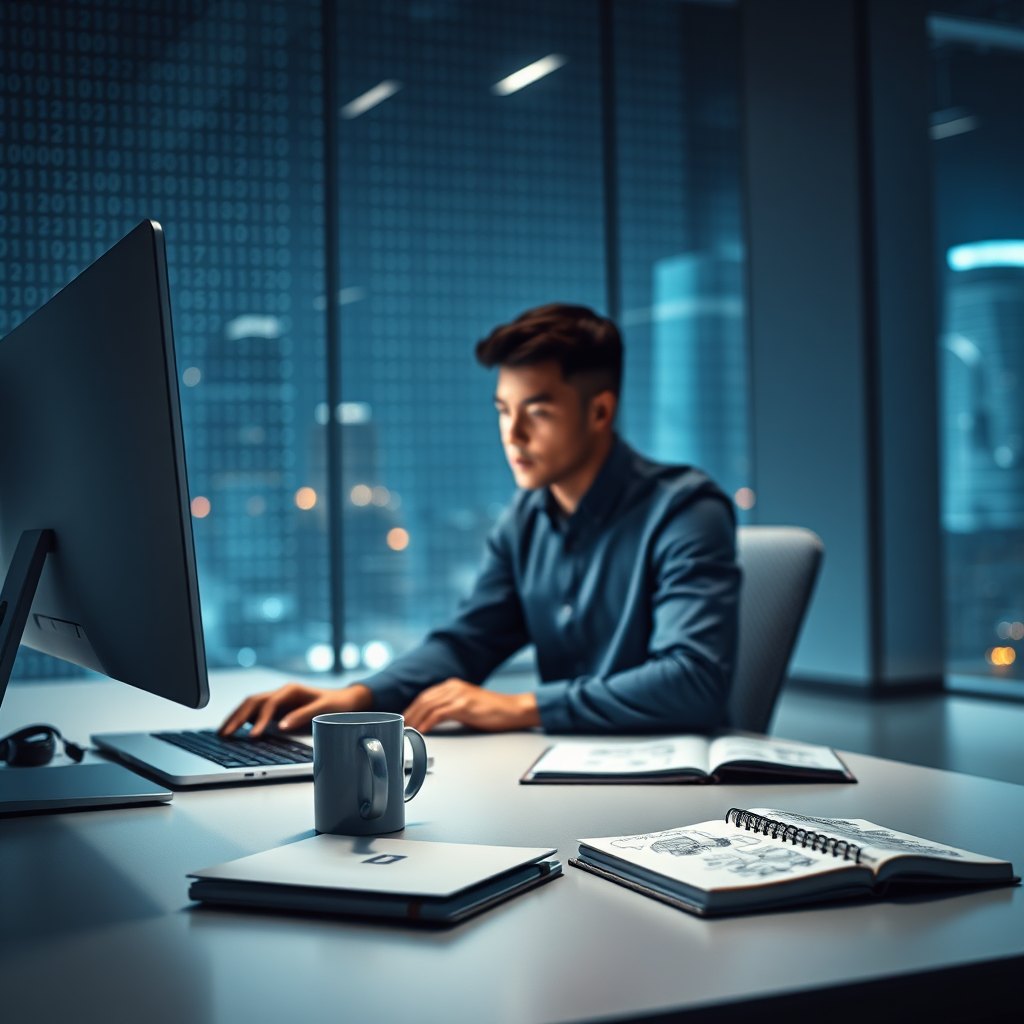 A photorealistic, ultra-high quality image depicting a person working silently at a desk in a modern, minimalist office. The focus is on the soft glow of the computer screen illuminating their face, suggesting concentration and innovation. The background should subtly blend binary code with artistic elements like blurred city lights, implying the integration of technology and creativity. The color palette should be primarily cool blues and grays, accented with a warm, inviting light source on the subject. The camera angle should be a slightly low angle, making the subject appear determined and powerful. Texture details should include the smooth surface of the desk, the subtle patterns of the person's clothing, and the intricate details of the computer screen. Props include a sleek laptop, a stylish coffee mug, and a notebook with barely visible AI-related sketches. Style references include a blend of futuristic and contemporary design. 8K resolution, hyperrealistic.