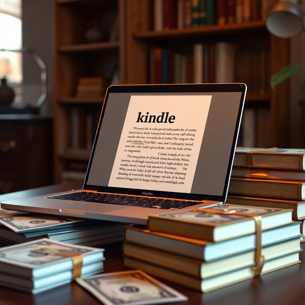 A photorealistic, ultra-high quality header image showcasing an open laptop displaying an Amazon Kindle book page, surrounded by stacks of books and dollar bills. The composition features warm, inviting lighting that highlights the laptop screen and books. A palette of rich, earthy tones combined with glossy gold accents creates a feeling of prosperity and creativity. The camera angle is slightly above eye level, focusing on the details of the laptop and the texture of the books. The environment is a cozy home office, with a bookshelf in the background. The style references classic business environments but with a modern twist. Technical specs: 8K resolution, hyperrealistic.