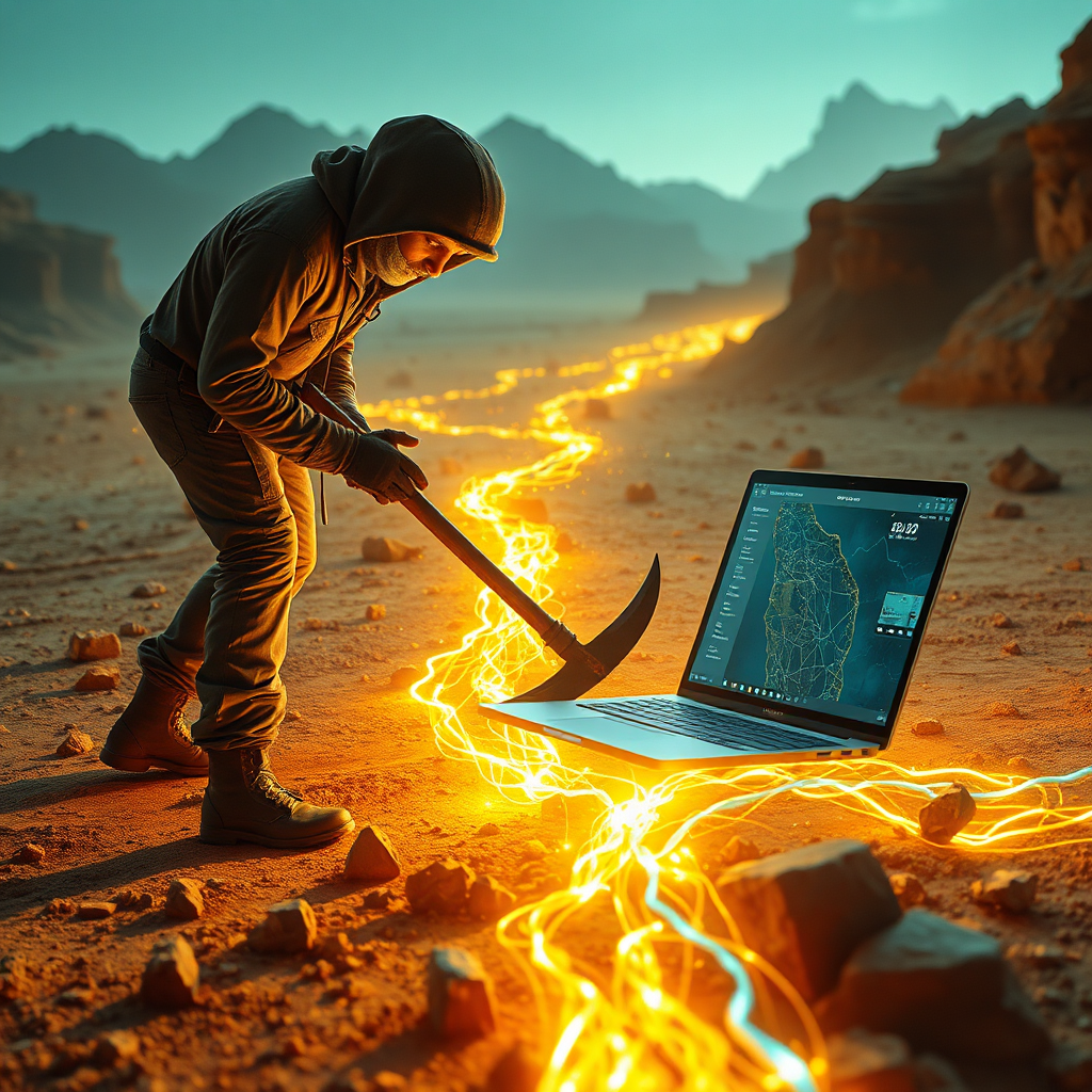 A photorealistic, ultra-high quality 8K image depicting a modern-day prospector discovering a hidden vein of gold within a digital landscape. The prospector should be using a laptop as a pickaxe, with beams of light representing website traffic emanating from the screen. The gold vein should be intertwined with fiber optic cables, symbolizing the digital nature of the traffic. Lighting should be dramatic, with a warm golden hue highlighting the gold and cool blues emphasizing the digital elements. Camera angle should be a wide shot, showcasing the vastness of the digital landscape. The environment should be a futuristic desert, blending natural and technological elements. Style reference: A blend of National Geographic photography and futuristic cyberpunk. Hyperrealistic detail is crucial.