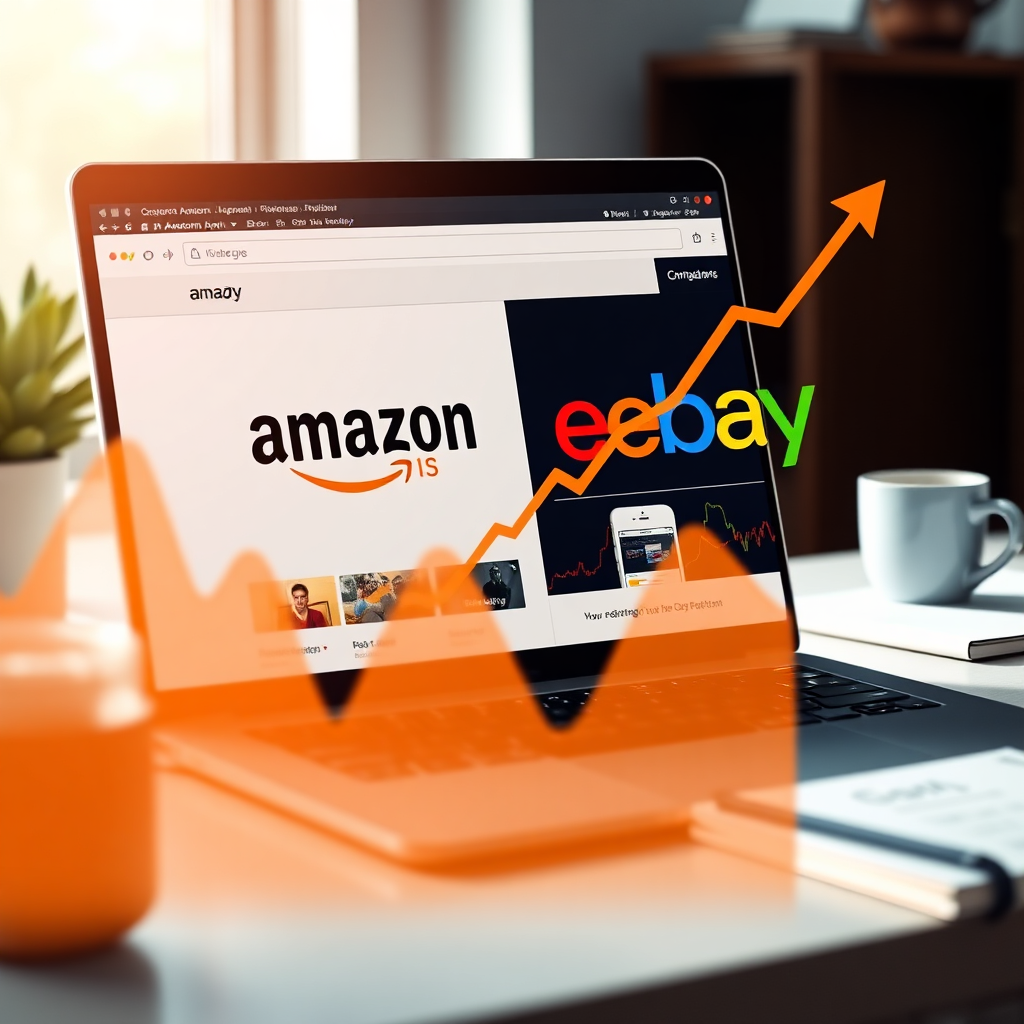 A photorealistic, vibrant image showcasing the seamless integration of Amazon and eBay platforms. The composition features a laptop displaying both Amazon's and eBay's websites side-by-side, with upward trending financial charts subtly overlaid. Lighting should be bright and optimistic, with a color palette dominated by Amazon's orange and eBay's primary colors, creating a sense of energy and opportunity. Camera angle should be slightly high, offering a clear view of the laptop screen and the surrounding environment. Texture details should include subtle reflections on the laptop screen and a modern, minimalist desk setup. The environment should suggest a home office, with elements like a coffee mug or a notebook in the background. Style: Modern, clean, and professional, resembling stock photos but highly realistic. 8K resolution, hyperrealistic.
