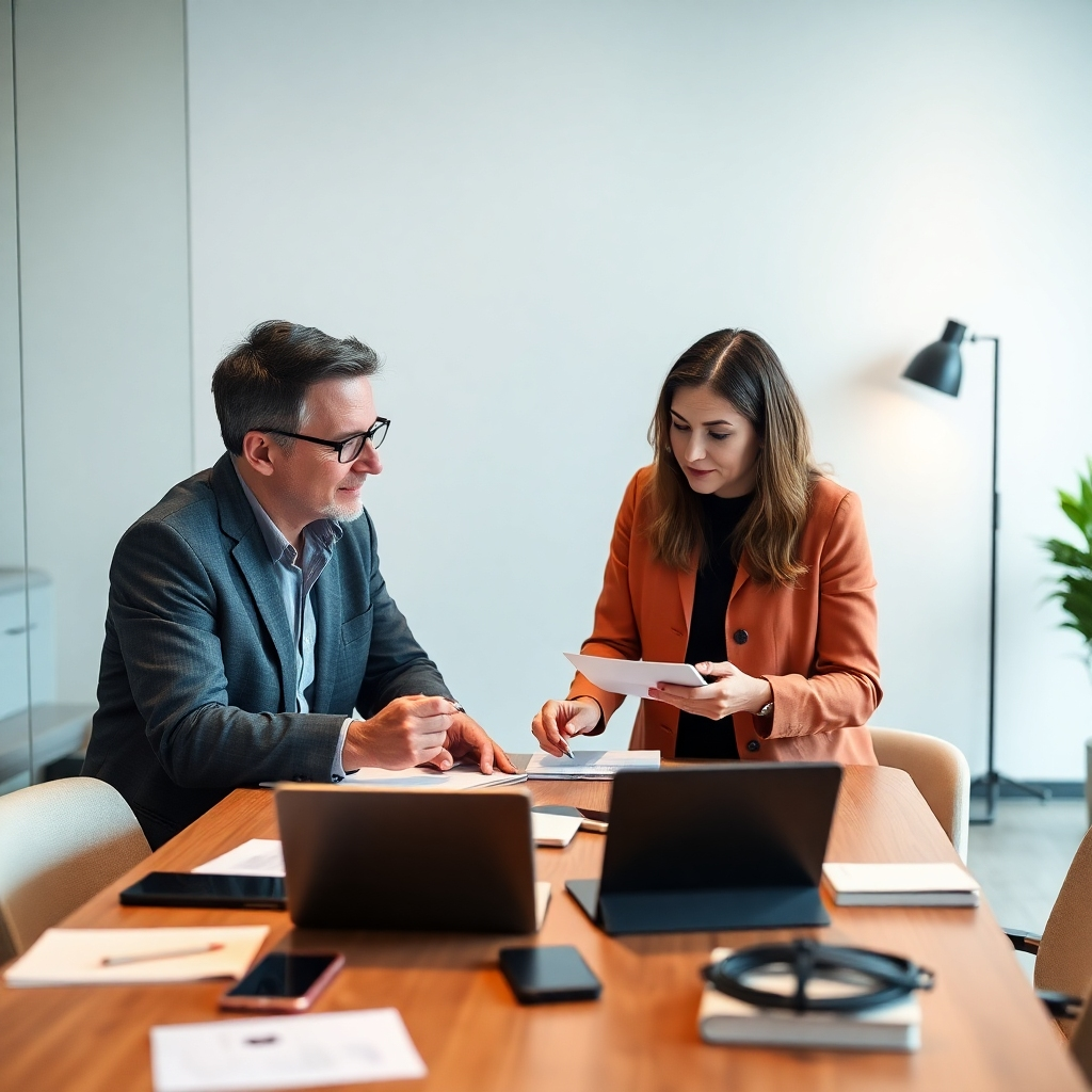 A professional consultant and an author discussing over a table filled with notes and digital devices. Soft, focused lighting enhances the collaboration feel, with a warm color palette suggesting practicality. The setting is a modern office environment, with sleek designs. Technical specs: 4K resolution.