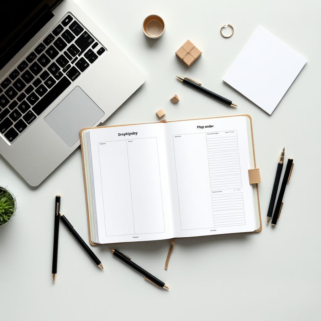 Flat lay of the planner with pens, a laptop, and small office supplies.