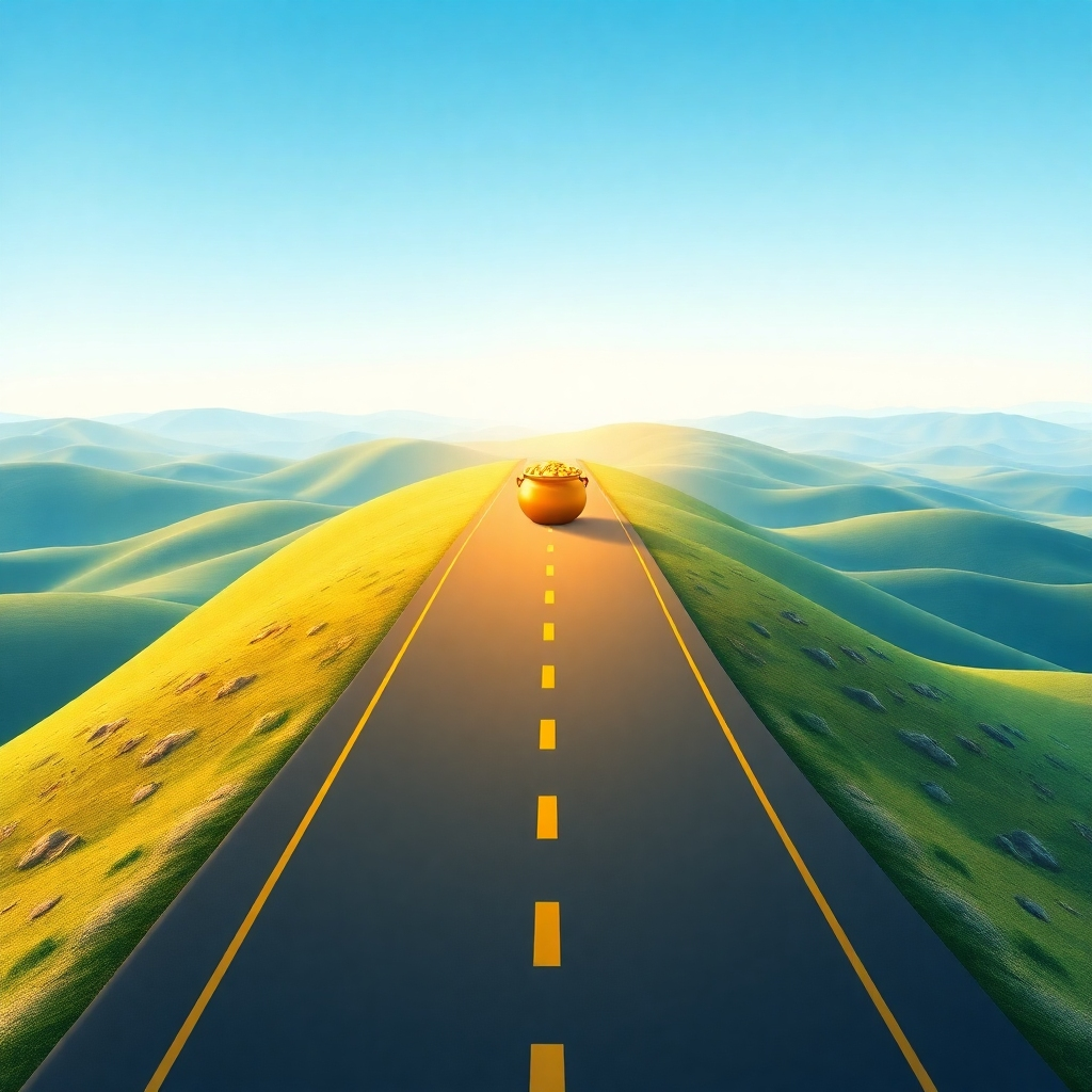 A roadmap with a clear path leading to a pot of gold, symbolizing success and profitability. The roadmap is detailed and easy to follow, with clear milestones along the way. The background is a stylized landscape with rolling hills and blue skies. Use a color palette of gold, blue, and green to represent wealth, opportunity, and progress. The lighting should be bright and optimistic, emphasizing the journey to success. Camera angle: aerial view, showing the entire roadmap. Technical specs: 4K resolution, high-quality rendering.