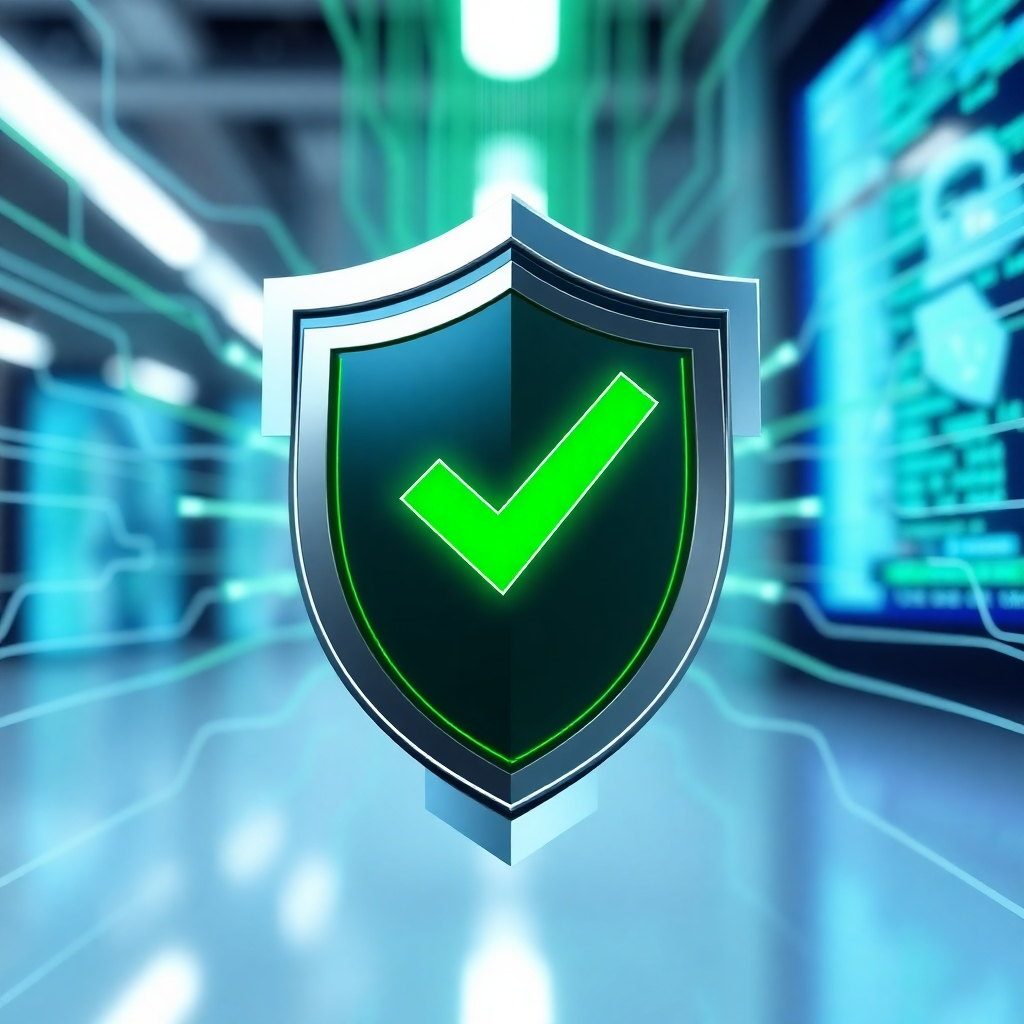 A shield with a checkmark inside, symbolizing security and compliance. The shield is surrounded by data streams, representing the flow of information. The background is a clean, modern interface. Use a color palette of blue, green, and white to represent trust, reliability, and security. The lighting should be bright and focused on the shield. Camera angle: eye-level view, emphasizing the shield. Technical specs: 4K resolution, high-quality rendering.