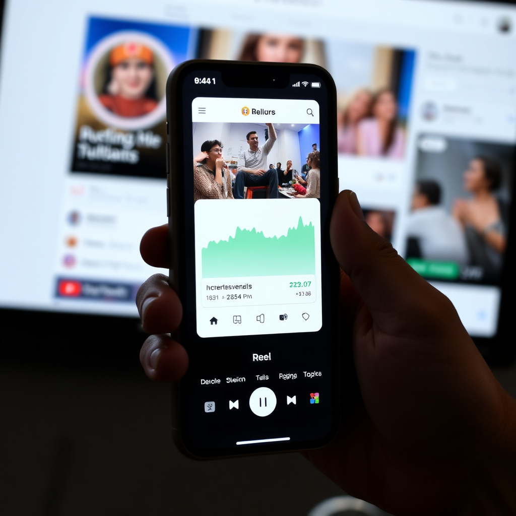 A smartphone displaying a Reel with a rapidly increasing view count and engagement metrics. The background shows a stylized representation of a social media platform interface.