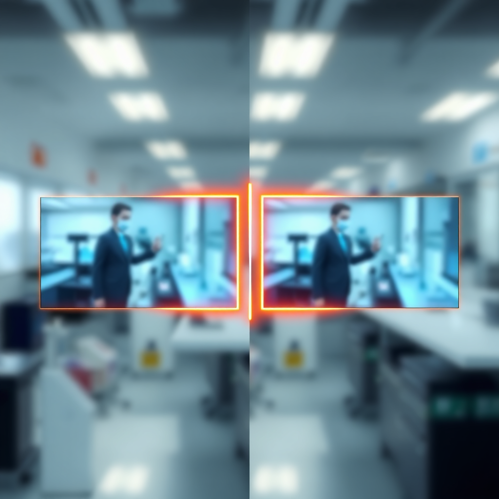 A split-screen image showing two versions of the same video thumbnail, with subtle differences highlighted by glowing outlines. The background is a blurred, abstract representation of a laboratory. Technical specs: 4K resolution, high quality, split diopter lens.