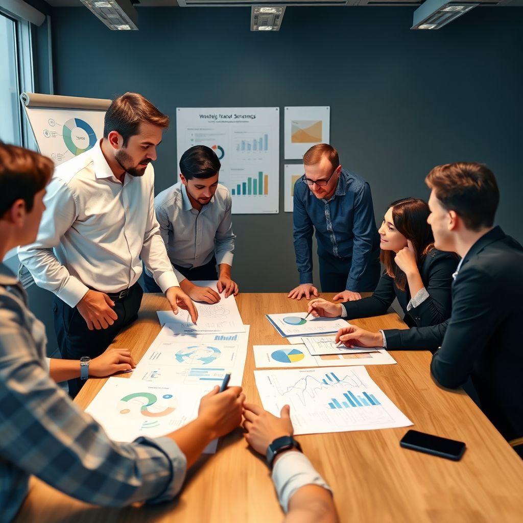 A strategic planning session with a team brainstorming viral growth strategies. The scene shows charts, graphs, and collaborative discussions.