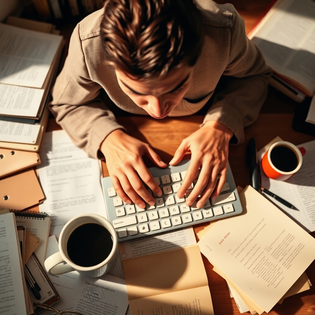  A striking image of an author's hands typing intensely on a keyboard while surrounded by notes and coffee cups. The composition focuses on the author's focused expression and cluttered workspace. Soft, warm lighting casts gentle shadows, enhancing the depth of the scene. The color scheme includes soft browns and whites, reflecting warmth and productivity. The camera angle is straight on, capturing both the author and their environment. Technical specs: 4K resolution, high definition.
