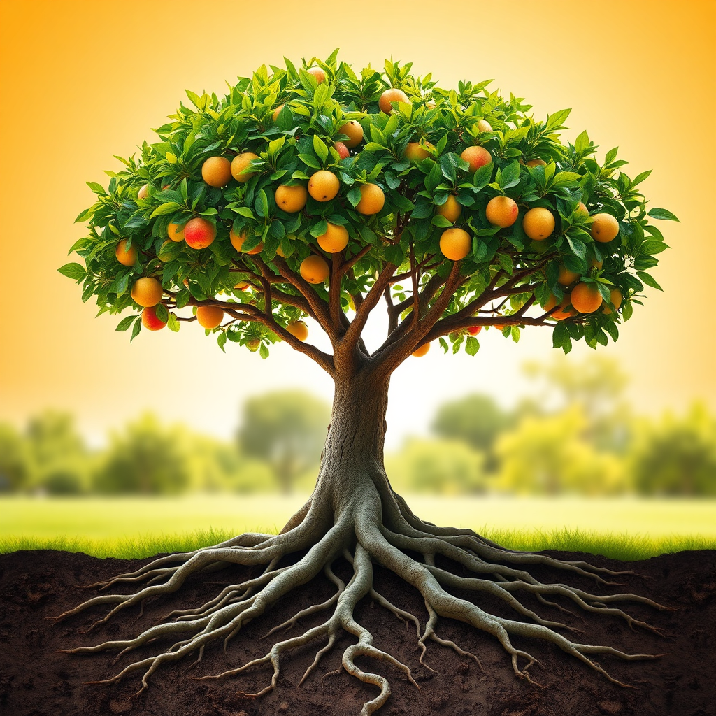 A strong, healthy tree with deep roots, representing a stable and sustainable business. The tree is bearing fruit (representing profits). The background is a bright, sunny day, symbolizing a prosperous future. Style: Optimistic and enduring. Technical Specs: 4K resolution, vibrant colors.