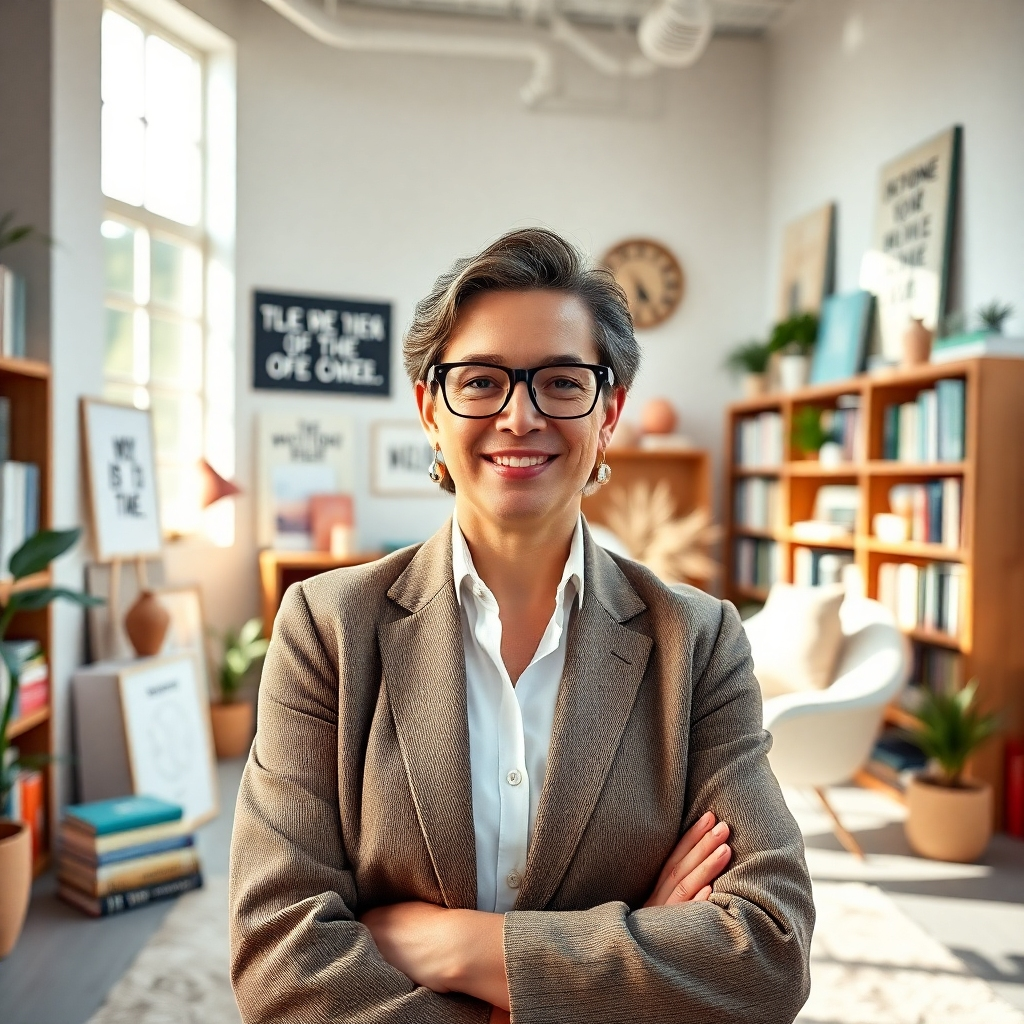A stylish author portrait in a bright, airy studio filled with inspiring decor elements like quotes and bookshelves. Natural light pours in, creating a bright and inviting atmosphere. The color scheme includes refreshing whites and pastels, giving a professional yet creative feel. The composition centers on the author with props that emphasize personal branding. Technical specs: 4K resolution.