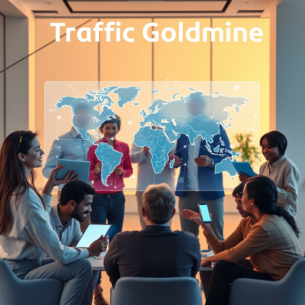 A stylized 4K image representing the core values of 'Traffic Goldmine Hidden System That Pays You Daily'. Depict a group of diverse individuals collaborating around a holographic projection of a world map, with lines of light connecting different regions, symbolizing global traffic flow. Each person is holding a different device (laptop, tablet, smartphone), showcasing the accessibility of the system. The background is a modern, minimalist office space bathed in soft, warm light. The overall style should be optimistic and empowering, with a focus on community and collaboration. Style reference: Modern tech company aesthetic with a touch of futuristic design. High quality and attention to detail are essential.