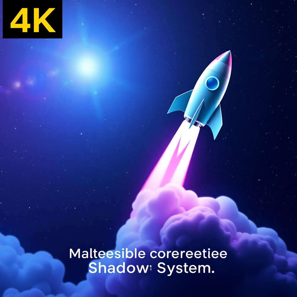 A stylized 4K visualization of a rocket ship launching into space from a TikTok logo. The rocket ship symbolizes exponential growth and scaling success. The background should be filled with stars and galaxies, representing the limitless potential of the platform. The color palette should be vibrant and futuristic, with blues, purples, and silvers dominating the scene. Emphasize the speed and scale of growth that can be achieved by mastering the TikTok Shadow System.