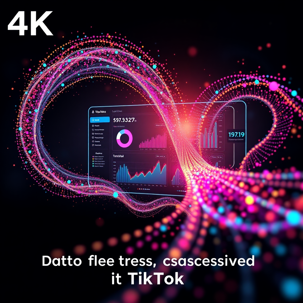 A stylized 4K visualization of data flowing in real-time, represented as streams of colorful particles converging towards a central dashboard displaying key TikTok metrics. The dashboard should be sleek and modern, with easy-to-read charts and graphs. The background should be a dark, abstract representation of the digital space. The color palette should be vibrant and informative, with different colors representing different data points. Emphasize the importance of data-driven decision-making for achieving success on TikTok.