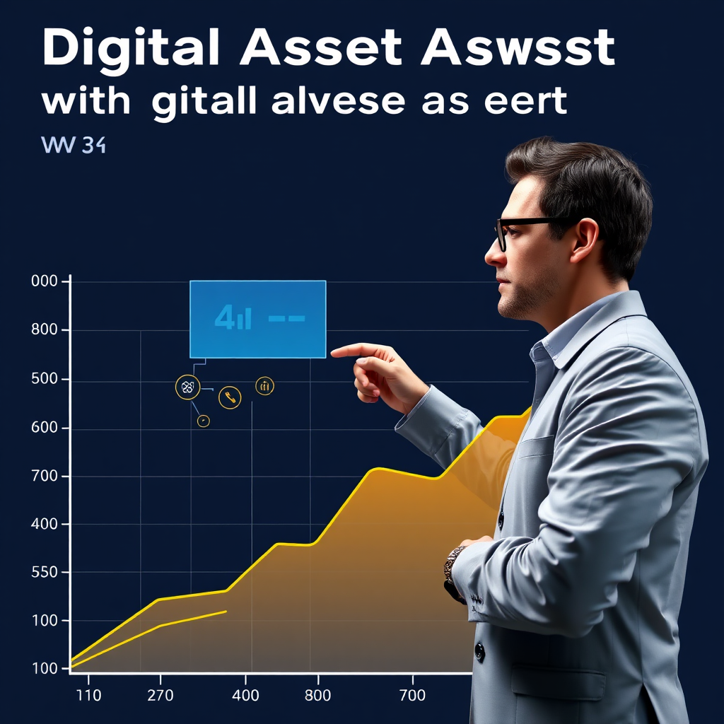 A stylized graph showing a rising value of digital assets with AI integration. A photorealistic digital asset expert points to a section on the graph. Camera angle is a profile. Color palette is professional and optimistic. 4K resolution, high quality.