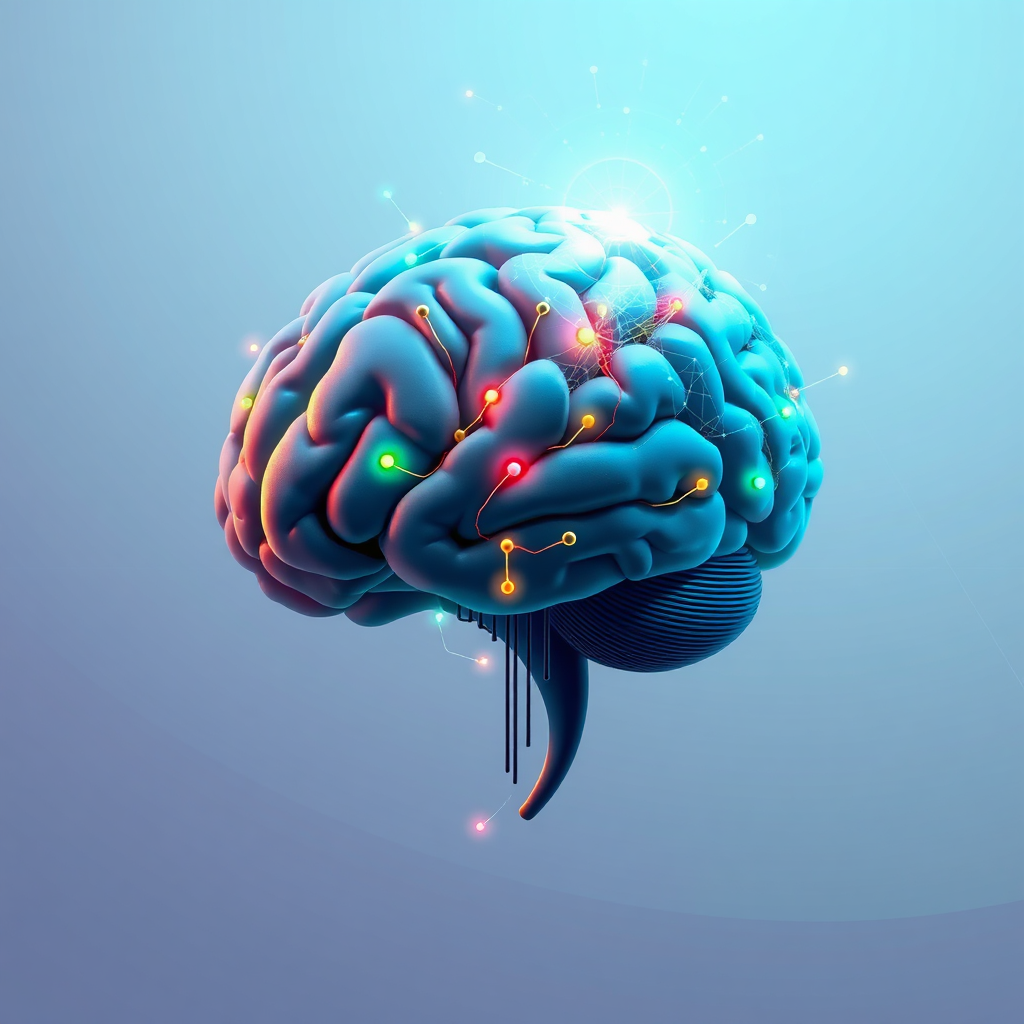 A stylized image depicting a brain intertwined with digital circuits and vibrant AI-generated art. The brain is glowing with energy, symbolizing the fusion of human creativity and artificial intelligence. The AI art elements should be abstract and colorful, representing the limitless possibilities of the digital art world. The background is a clean, modern design with subtle geometric patterns. Style: Minimalist, futuristic. Lighting: Soft, diffused lighting with a focus on the glowing brain. Colors: A harmonious blend of blues, greens, and purples with pops of vibrant color. Textures: Smooth, polished surfaces with subtle hints of texture. Camera angle: Close-up, focusing on the intricate details of the brain and circuits. 4K resolution, high quality.
