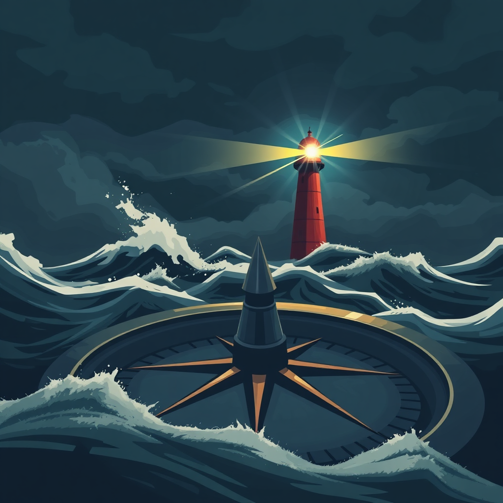 A stylized image depicting a compass pointing towards a lighthouse in a stormy sea. The compass needle is slightly bent, indicating a deviation from the intended course. The lighthouse is beaming a strong light through the storm. The color palette is dark and moody, with flashes of light. Style reference: nautical paintings, symbolic illustrations. Technical specs: 4K resolution, high quality.