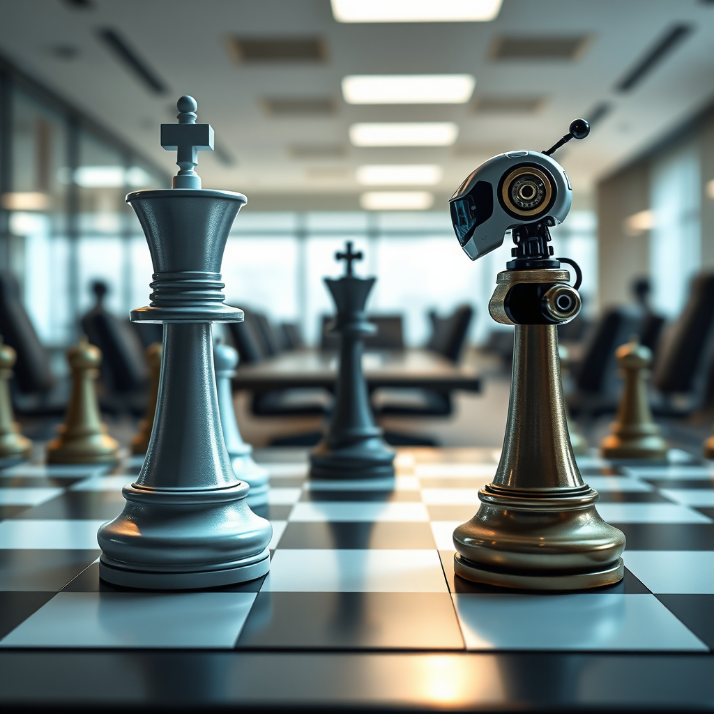 A stylized image depicting a chess game, with one side represented by traditional chess pieces and the other side represented by AI-powered robots. The AI side is clearly winning. The background is a modern office setting with strategic lighting. 4K resolution, crisp details.