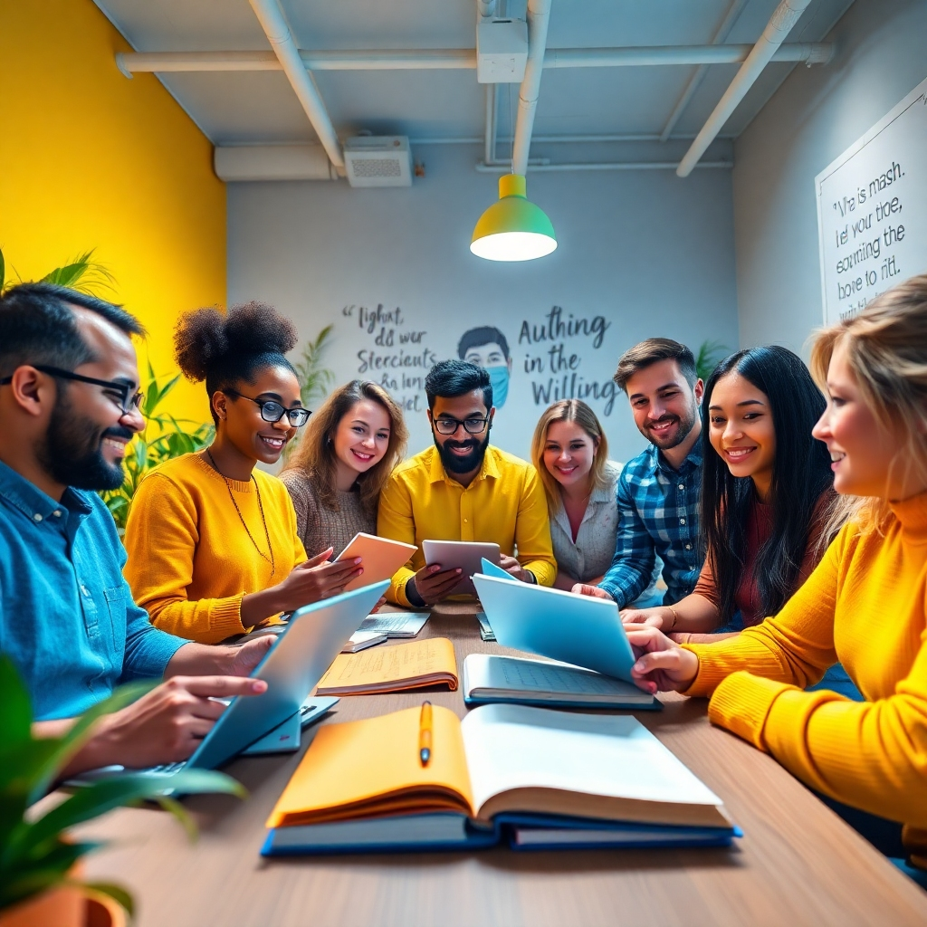 A stylized image depicting a diverse group of authors engaged in a brainstorming session, with notebooks and laptops open in front of them. Bright, inspirational lighting floods the space, creating an atmosphere of creativity and collaboration. The color palette consists of vibrant blues and yellows, symbolizing optimism and ambition. The camera angle captures the group from a low perspective, emphasizing their expressions and the details of their tools. The setting includes plants and motivational quotes on the walls. Style references include modern co-working spaces. Technical specs: 4K resolution, high quality.