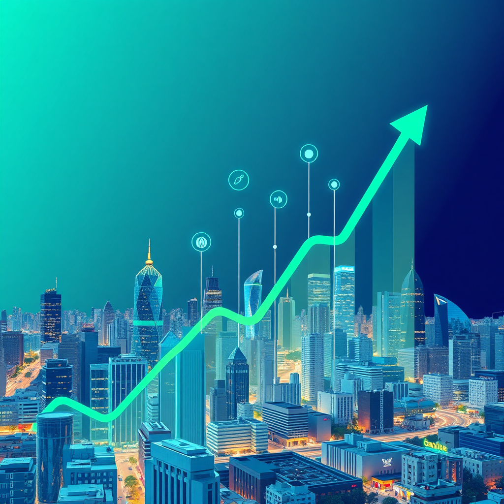 A stylized image depicting a graph trending upwards exponentially, with AI algorithms and data points driving the growth. The graph is superimposed over a cityscape, representing business expansion. The color palette is vibrant and energetic, with accents of green and blue. 4K resolution, high quality.