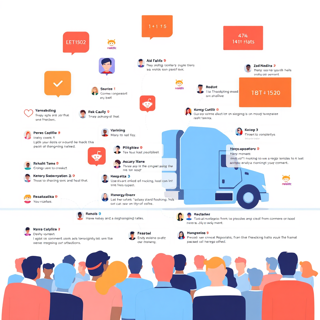A stylized image depicting a lively Reddit thread focused on trucking, with numerous comments and upvotes. The visual style is clean and engaging, with vibrant colors and dynamic elements. The composition emphasizes the interconnectedness of users and the flow of information. 4k resolution.