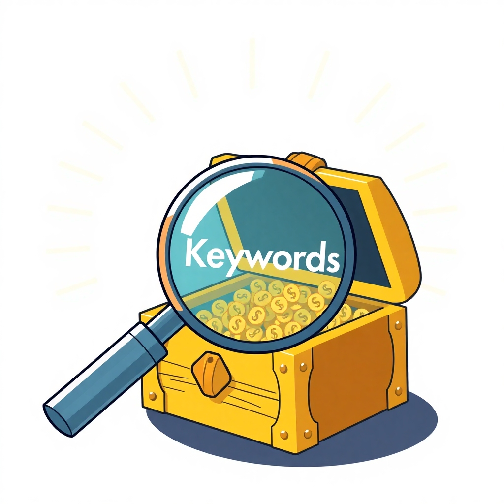 A stylized image depicting a magnifying glass revealing a treasure chest full of keywords, relating to a book, to signify the act of finding the right keywords. The style should be bright, optimistic, and playful, reflecting the excitement of finding the right keywords. The color palette should be a mix of gold and other positive colors to represent the value of keywords. The lighting should be bright and radiant. The overall image should convey a sense of excitement and discovery.