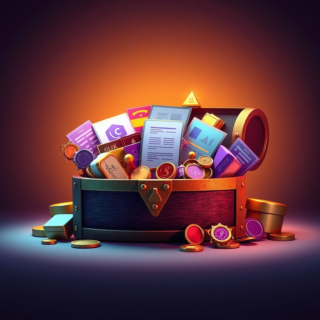 A stylized image depicting a treasure chest overflowing with AI tools, templates, and resources. The background should be a minimalist design with a focus on value and abundance. The color palette should consist of rich golds and purples, representing wealth and luxury. The lighting should be dramatic and inviting, emphasizing the resources' value and potential. The image conveys the idea of exclusivity, abundance, and opportunity. 4K resolution, high quality.