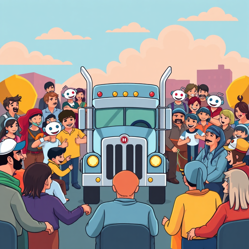 A stylized image depicting a thriving online community centered around a trucking-related subreddit. The image should be colorful and dynamic, conveying a sense of belonging and shared interest. 4k resolution.